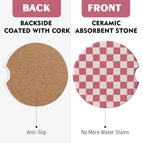 2 Pack Car Coasters for Cup Holders, Cute Car Accessories Interior (Grid-Pink) - color: Grid-pink