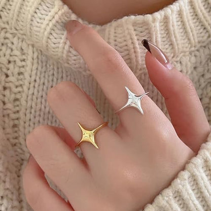 Star Rings for Women 925 Sterling Silver Cross Ring 14K Gold Plated Minimalist Trendy Pinky Ring Stackble Open Rings Friendship Rings Birthday Mothers Day Jewelry Gifts - color: Silver