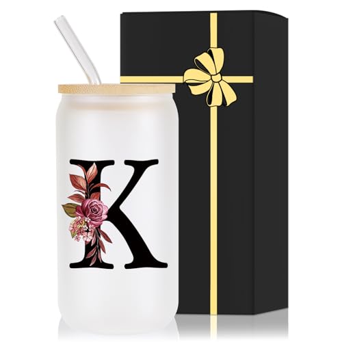 Monogrammed Glass Drinking Cup With Lid Straw Mother Day Best Mama Mom Ever from Daughter Son Christmas Xmas Valentines Birthday Groom Gifts Bride Mother In Law Personalized Unique Special Present,K - style: Letter K