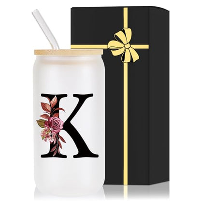 Monogrammed Glass Drinking Cup With Lid Straw Mother Day Best Mama Mom Ever from Daughter Son Christmas Xmas Valentines Birthday Groom Gifts Bride Mother In Law Personalized Unique Special Present,K - style: Letter K