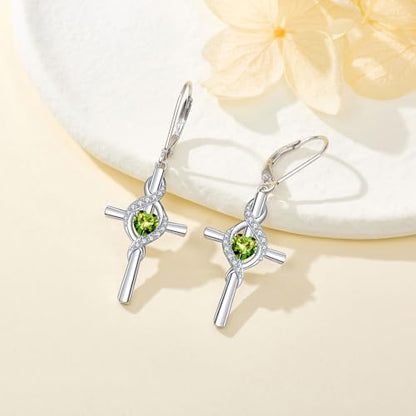 ONEFINITY Cross Earrings for Women 925 Sterling Silver Cross Birthstone Dangle Drop Earrings Infinity Cross Religious Jewelry Gifts for Women - color: 08-Aug-Created Peridot