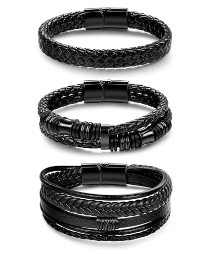 REVOLIA 3Pcs Black Leather Bracelets for Men Women Braided Leather Wristband Cuff Bracelets Multi-Layer Braided Leather Bracelets Set 7.5-9 Inches - color: Black