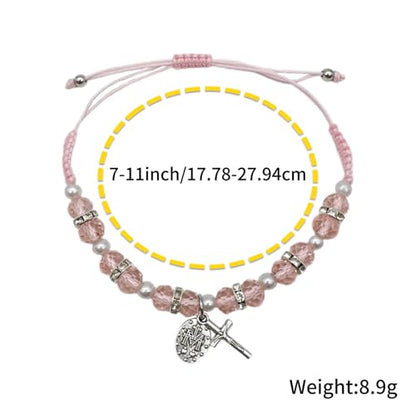 Bovemee 2Pcs Handmade String Miraculous Medal Pink Virgin Mary Bracelets, Crucifix Cross Red Rosary Bracelet Catholic Gift for Women Men - color: Pink
