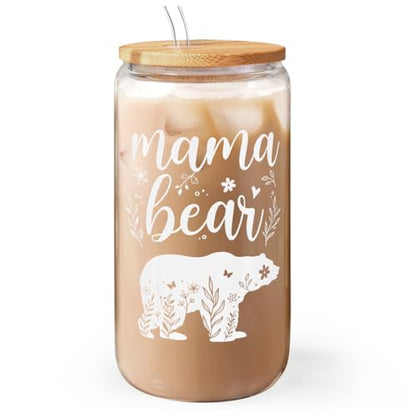 Mom Gifts - Mama Bear 16 Oz Can Glass Tumbler with Bamboo Lid and Straw - Iced Coffee Cups for Women, Aesthetic Glass Cup Gift for Birthday Christmas Mother's Day - color: Mom 4