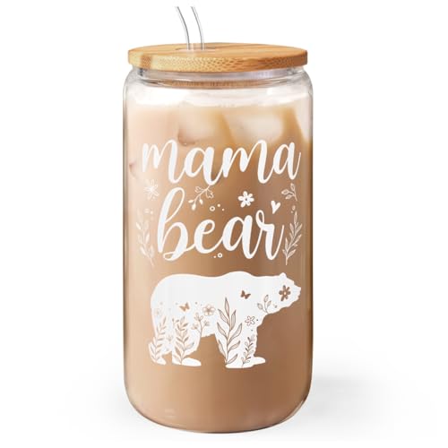 Mom Gifts - Mama Bear 16 Oz Can Glass Tumbler with Bamboo Lid and Straw - Iced Coffee Cups for Women, Aesthetic Glass Cup Gift for Birthday Christmas Mother's Day - color: Mom 4
