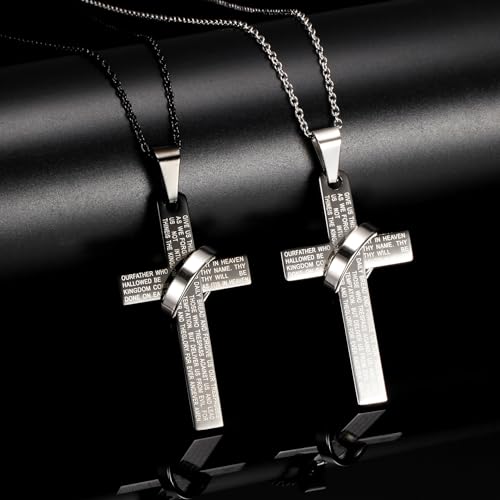 Lord's Prayer Engraved Cross Pendant Necklace with Ring Stainless Steel Religious Jewelry for Men and Women, Faith-Inspired Gift - color: Silver