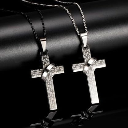 Lord's Prayer Engraved Cross Pendant Necklace with Ring Stainless Steel Religious Jewelry for Men and Women, Faith-Inspired Gift - color: Silver