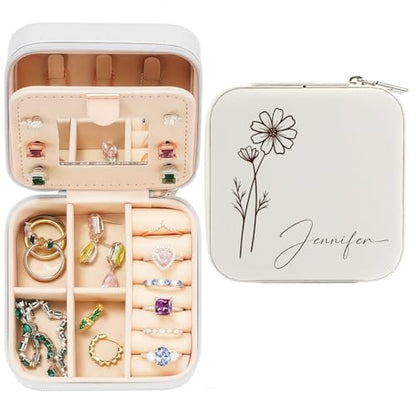 Ships Next Day, Personalized Travel Jewelry Mirror Case with Name Birth Flower, Bridesmaid Proposal Gifts Box Custom Birthday Gifts for Women, Christmas Customized Gifts for Teenage Girls - color: Birth and Flower Box-White