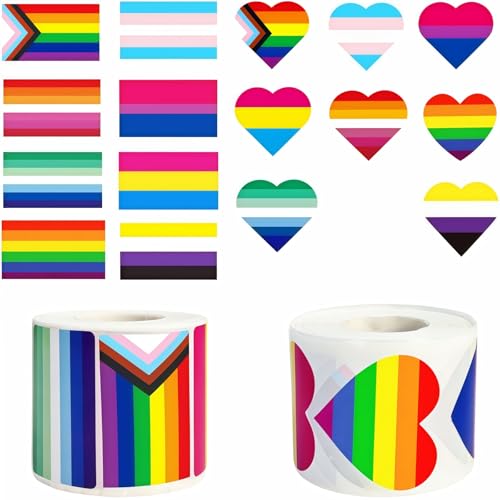 Pride Stickers 1000 PCS, Rainbow Heart & Flag LGBTQ Stickers for Transgender, Lesbian, Bi, Gay, Progress Pride, Pride Month,Parade Accessories, 16 Designs (500 Pieces Per Roll) - style: 1000 PCS Pride Stickers