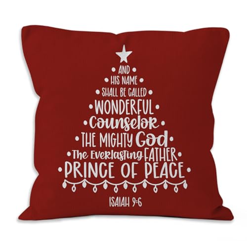 Red Winter Christian Christmas Tree Throw Pillow Covers 18x18,Isaiah 9 6 Religious Bible Verse Scripture Decorative Decorations Pillow Covers for Home Bedroom,Christian Gifts for Women - color: Isaiah 9:6-red