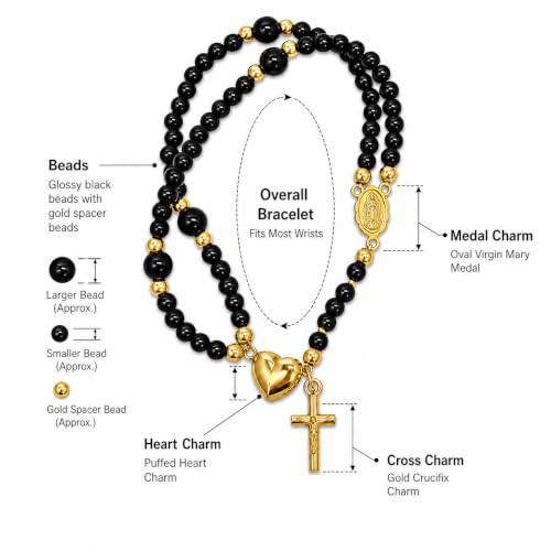 Grace & Faith: Handmade Rosary God Beads Bracelet Virgin Mary Cross Double Layer Chain Crucifix Religious Christian Faith Jewelry - color: Black&Gold Heart