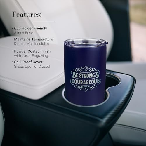 Christian Art Gifts Large Insulated Stainless Steel Travel Mug Tumbler for Men & Women: Strong & Courageous Uplifting Scripture, Double Wall Vacuum Sealed, Retractable Lid, Navy Blue & Silver, 18 oz. - color: Navy Blue/Strong & Courageous