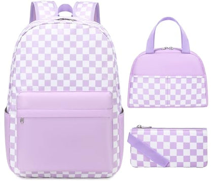 UREYMX Checkered Backpack - School Backpack for Kids, Large Capacity, Waterproof, Lightweight, Black - color: 3 in 1 Purple and White Plaid