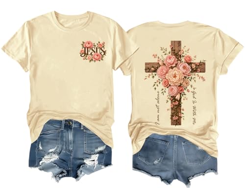 Christian Shirt for Women Floral Cross Shirt I Am Not Alone Jesus Faith Tee - color: Creamy Yellow, size: Medium
