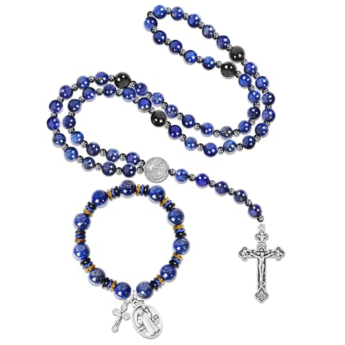 Rosary for Men Women, Natural Stone Beads with St. Benedict Bracelet - color: Lapis Lazuli