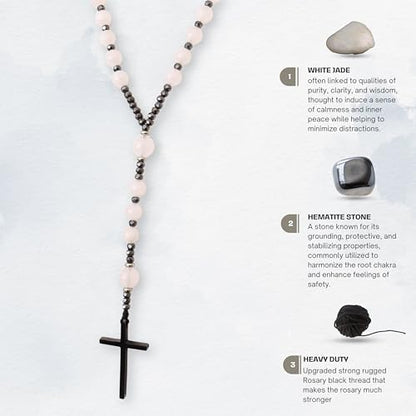Nazareth Store Jasper Rosary Necklace – Catholic Handmade Rosary with Stone Beads, Hematite Spacers, and Black Alloy Cross – Durable Prayer Beads for Men and Women - color: White Jade
