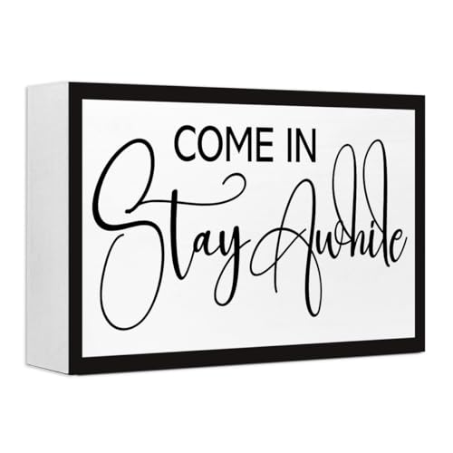 Come in Stay Awhile Sign Wooden Box Desk Decor,Rustic Farmhouse Home Wood Block Sign for Home Living Room Shelf Tabletop Decor 10'' x 6'' - style: Come in Stay Awhile