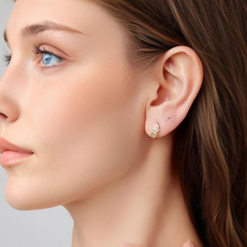 Turquoise Cross Hoop Earrings for Women 14K Gold Plated Infinity Angel Feather Pearl Turquoise Cross Star Hypoallergenic Post Christan Everyday Huggie Jewelry Gift - color: Gold Wings