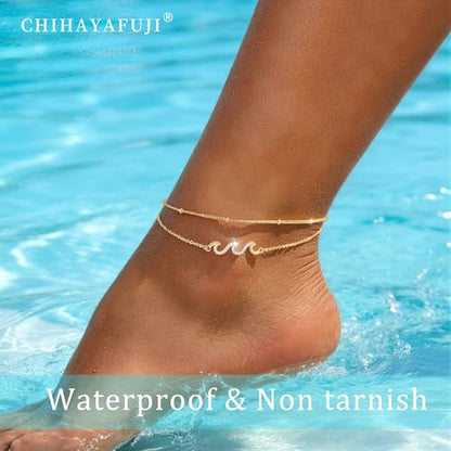 14K Gold/Sterling Silver Plated Ankle Bracelets for Women Waterproof Layered Stackable Sparkly Chain Birthstone Charm Non Tarnish Large Adjustable Birthday Jewelry Gift - color: Gold4