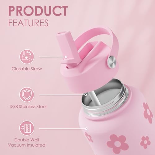 SANDJEST Floral Water Bottle Stainless Steel 32oz with Lid & Straw, Daisy Insulated Bottles Gifts for Women Girls Friends Teens Birthday Christmas - color: Daisy 1