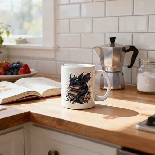 Book Lover Mug 11 oz, Book Lover Gifts for Women, Bookish Reader Bookworm Gifts Coffee Cups Ceramic, Black Floral Dragon Ceramic Mug for Coffee Tea Hot Cocoa Home Office Work - color: 04Child