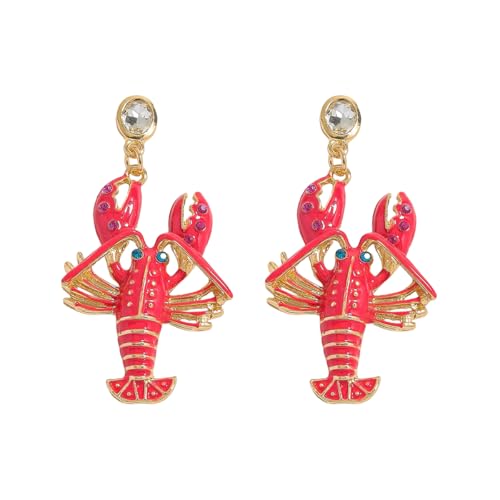 Creative Exaggerated Ocean Animal Drop Dangle Earrings for Women, Bohemia Style Alloy Lobster Octopus Fish Crab Earrings for Summer Beach Holiday Party Jewelry Gifts - style: Rhinestone Red Lobster Dangle Earrings-D
