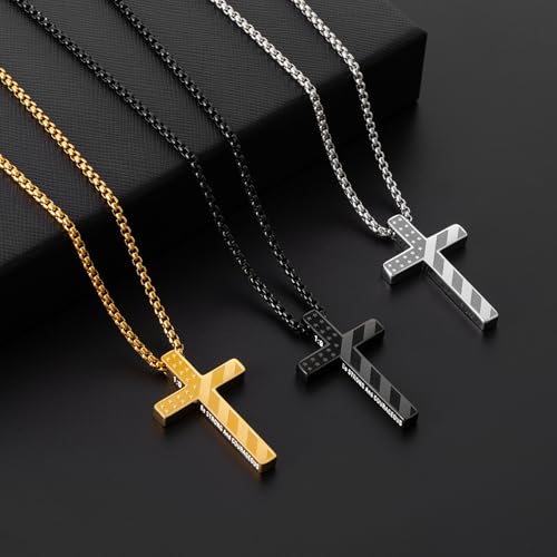 Romass Cross Necklace for Men Boys - 316L Stainless Steel Bible Verse Religious Pendant, Christian Jewelry Gifts for Son Husband, Graduation Gifts, Adjustable 22+2 inch Chain - color: Silver+Black, style: 2Pcs 28:20