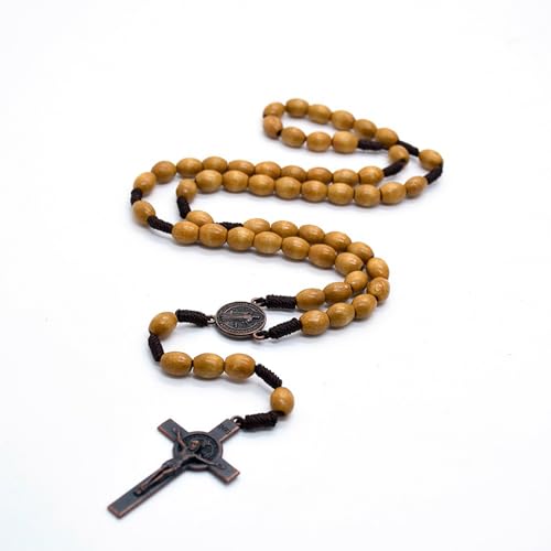 SZQCZB Wooden Rosary Beads Catholic for Men, Saint Benedict Medal and Cross - Comes in Gift Pouch and 18pcs Prayer Cards - color: Light Brown