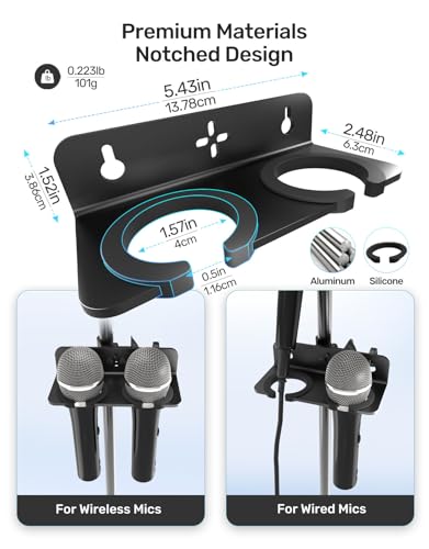 Multi Mic Holder with Clamp for Desk/Stand/Wall, Hold Up to 2 Handheld Mics