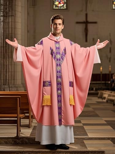 FAD-4U Church Catholic Priest Chasubles Vestments for Church Mass Vestments Robe with Stole - color: Pink&purple