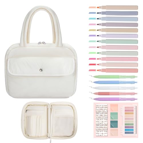 WOBAGMEN Puffy Bible Cover Case for Women with Study Supplies,Soft Bible Bag with Highlighters for Girls, Bible Journaling Kit Christmas Christian Gift for Women (Beige, M) - color: Beige