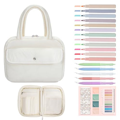 WOBAGMEN Puffy Bible Cover Case for Women with Study Supplies,Soft Bible Bag with Highlighters for Girls, Bible Journaling Kit Christmas Christian Gift for Women (Beige, M) - color: Beige
