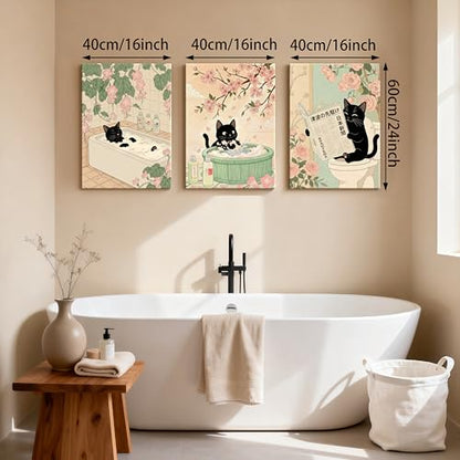WENGTIAO 3Pcs Japanese Funny Black Cat Bathroom Wall Art Prints 16"x24" - color: Black Cat Bathroom, size: 16"x24"x3Pcs