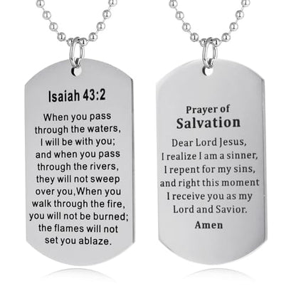 Christian Scripture Religious Dog Tag Necklace,Catholic Bible Verse Baptism Confirmation Sacrament Gifts - style: Prayer of Salvation+Isaiah 43:2