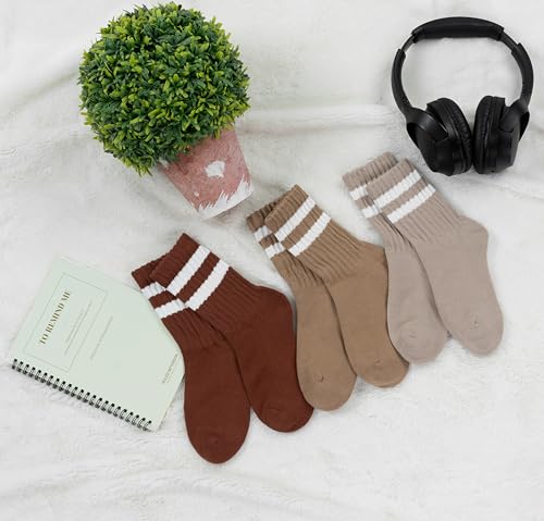 BomKinta Womens Striped Crew Socks Retro Above Ankle Cotton Sock Size 5-10 - color: 3 Pairs-light Khaki Dark Khaki Reddish Brown