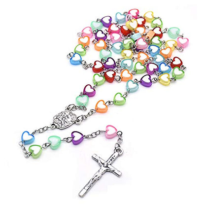 Handmade Wooden Resin Crucifix Rosary Beads Chain Pendant Necklace Colorful Love Heart Catholic Cross Virgin Mary Jesus Necklace for Women Men Religious Lord Praying Jewelry Gift - color: A heart