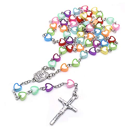 Handmade Wooden Resin Crucifix Rosary Beads Chain Pendant Necklace Colorful Love Heart Catholic Cross Virgin Mary Jesus Necklace for Women Men Religious Lord Praying Jewelry Gift - color: A heart