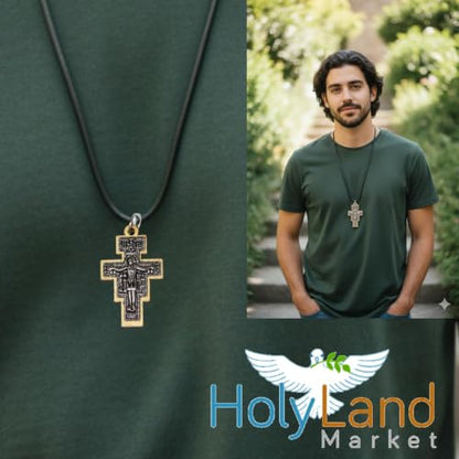 Holy Land Market San Damiano Olive Wood Cross Necklace – 2" Hand-Carved Pendant with Embedded Pewter Crucifix – 30" Leather Cord with Extender – Made in Bethlehem