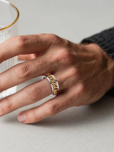U7 Stainless Steel Mens Rings,7mm Gold/Black/Silver Chain Rings Fidget Spinner Ring Anxiety Ring for Men Women,Size 6-14 - color: Inlaid Link Ring-Gold
