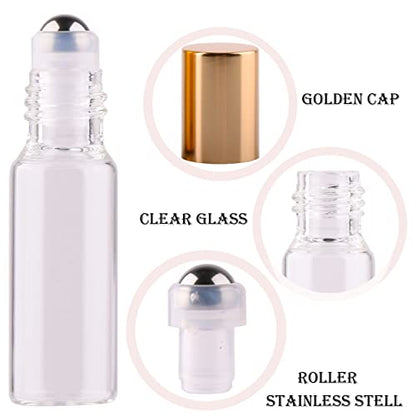 MaxMau Pack of 100,5ml Clear Glass Roll on Bottle Essential Oil Roller Bottles with Stainless Steel Roller Balls and Golden Painted Lids for Daily Aromatherapy Sample Test Travel - color: Clear Roller Bottles - 100 PACK