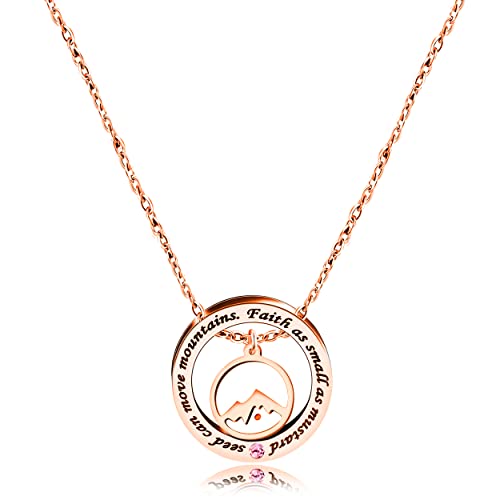 Uloveido Christian Circle Round Ring Necklace Engraved Faith As Small As A Mustard Seed Can Move Mountains Y958 - style: Pink CZ-round mountain-rose gold