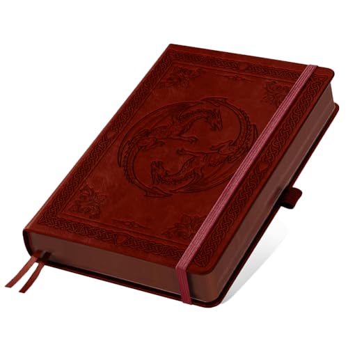 A5 Traditional Dual Dragon Leather Journal, 300 Pages Lined Notebook, Red Vintage Pattern Hardcover Notebook for Travel Diary, Business, Work and School Daily Writing - style: Dual Dragon