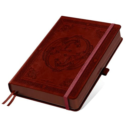 A5 Traditional Dual Dragon Leather Journal, 300 Pages Lined Notebook, Red Vintage Pattern Hardcover Notebook for Travel Diary, Business, Work and School Daily Writing - style: Dual Dragon