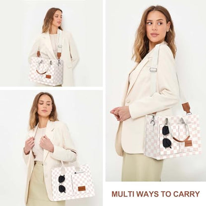LHMTQVK Canvas Tote Bag for Women, Work & Bible Study Handbag - color: Khaki Grid