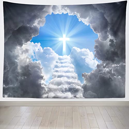 Loccor 5x3ft Fabric Cross Tapestry Photography Backdrop Stairway to Heaven Women Men Church Living Room Dorm Apartment Bedroom Aesthetic Photo Christian Background Religious Wall Art Spiritual Mural - size: 39.4"L x 1"W