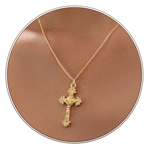Partm Gold Cross Necklace for Women 14K Plated Dainty Pendant Cross Chain Faith Crucifix Choker Baptism Necklace for Women Trendy Religious Jewelry Hypoallergenic - color: Baroque Cross - Gold