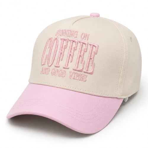 THE INSPIRATION CO. Running on Coffee Embroidered Hat - Trendy Coffee Lover Cap, Adjustable Snapback Baseball Hat - color: Pink