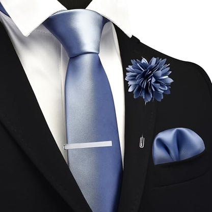 Branduce 3.15"（8cm） Mens Tie and Lapel Pin Solid Necktie Handkerchief Tie Clip Set for Men - color: Dusty Blue