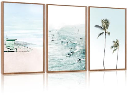 CHDITB Coastal Palm Tree Framed Wall Art, Seaside Beach Surfing Posters - color: Ocean, size: 24"L x 36"W