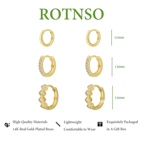 Rotnso Gold Hoop Earrings Set for Women Hypoallergenic Trendy Huggie Stack - style: 3 Pairs Rhombus CZ Hoops-GD